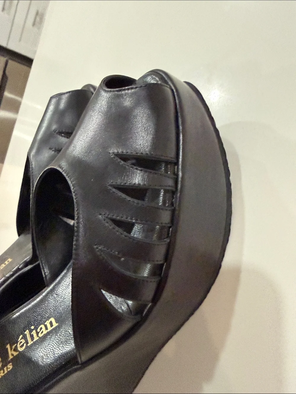 Stephane Kelian Black Leather Peep-Toe Wedge Sandals vintage brand new!